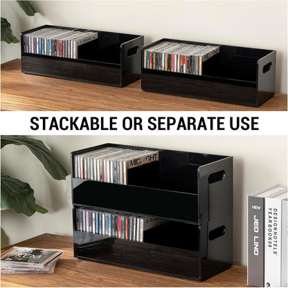 MyGift Modern Premium Clear Acrylic Stackable CD Holder Rack with Cutout Carrying Handles, Compact Disc Jewel Case Display Crate, Media Storage Organizer