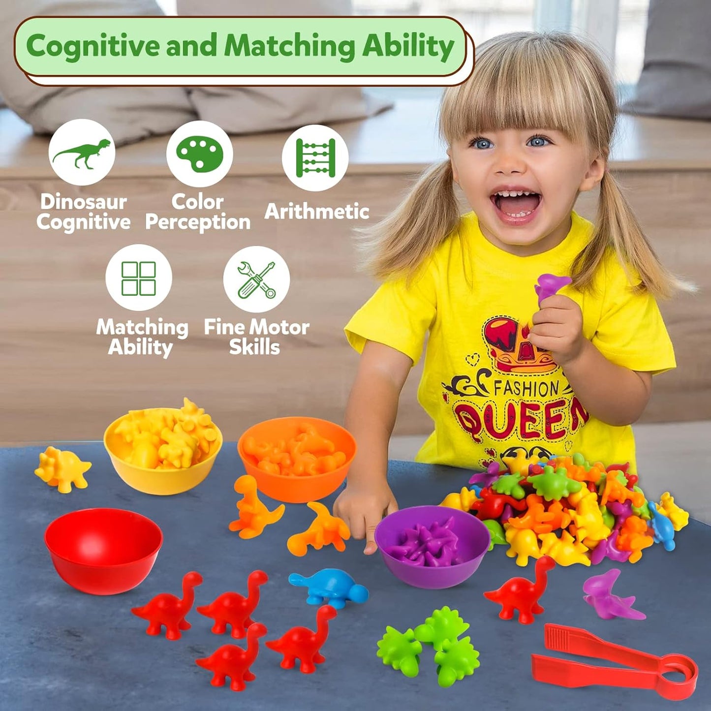 Counting Dinosaurs Toys Matching Games with Sorting Bowls for Kids Toddler Learning Activities Preschool Must Have Manipulatives Montessori Fine Motor Skills Toys Age 3 4 5 Years (Dinosaurs)