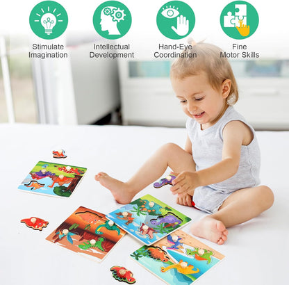 Wooden Peg Puzzles for Toddlers 1-3, Kids' Educational Preschool Peg Puzzle Toy, Set of 4 Toddler Puzzles - Farm, Dinosaur, Fruit and Marine Animals, Ideal Gift for Ages 1 2 3 Boys and Girls
