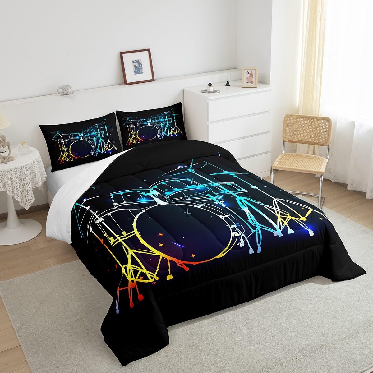 Castle Fairy Drum Kit Comforter Set,Musical Instruments Bedding Set for Kids Girls Women,Adults Rock Music Comforter,Neon Lighting Quilted Duvet Set Bedroom Collection Twin Size 2Pcs