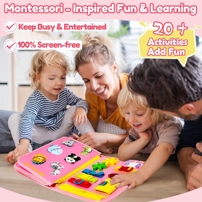 Qizfun Montessori Busy Board & Busy Book for Toddlers – Sensory & Learning Toy That Keeps Kids Busy, Travel Toy for Airplane & Car, Screen for Boys & Girls (Blue/P4)