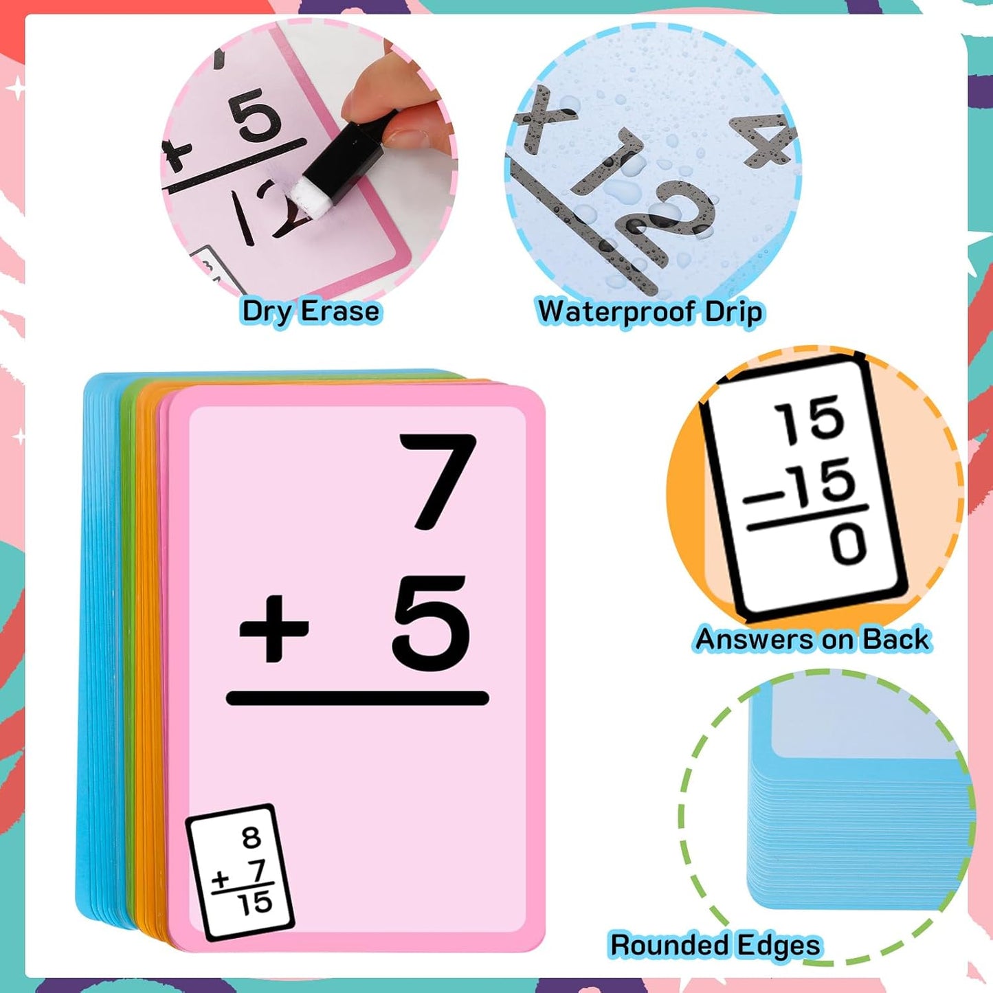 Math Flash Cards Set of Multiplication Division Addition Subtraction with 4 Dry Erase Pens, 144 Flash Cards from 1st to 4th Grade or Kindergarten Homeschool Supplies