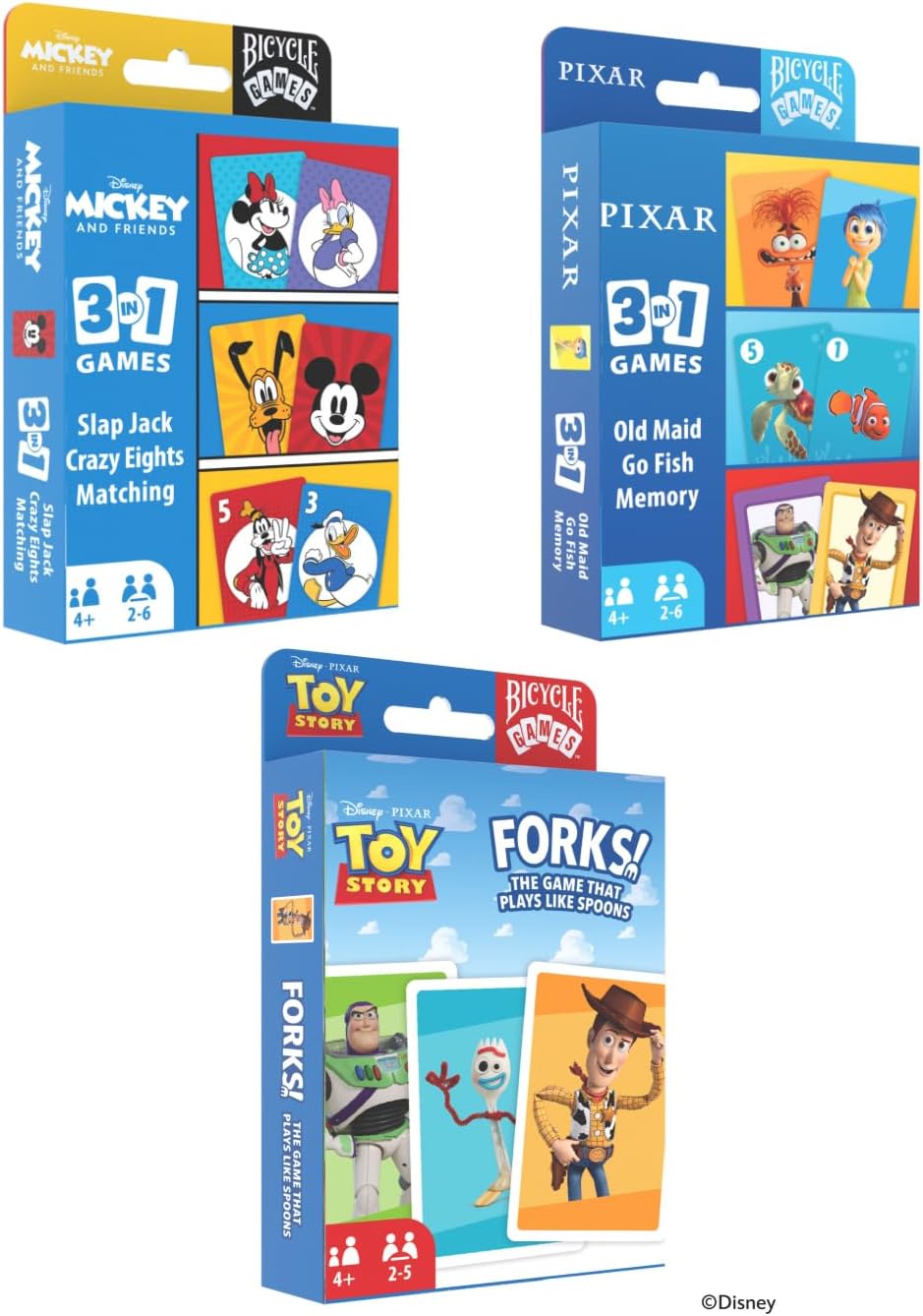 Bicycle Disney and Pixar 3-in-1 Card Games, Old Maid, Go Fish & Memory, Featuring Toy Story, Finding Nemo & Inside Out Characters, Kids Card Games Ages 4+, Family Games for 2-6 Players
