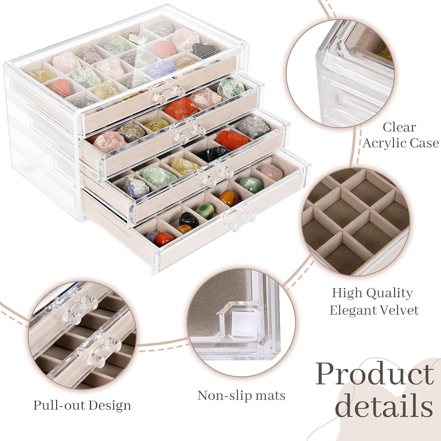 Bfttlity Acrylic Rock Display Case,54 Grids Rock Collection Box for Kids with Mini Magnifying Glass and Gloves, Clear Display Cases for Stones Collectibles Gemstone Crystals Storage Boxes