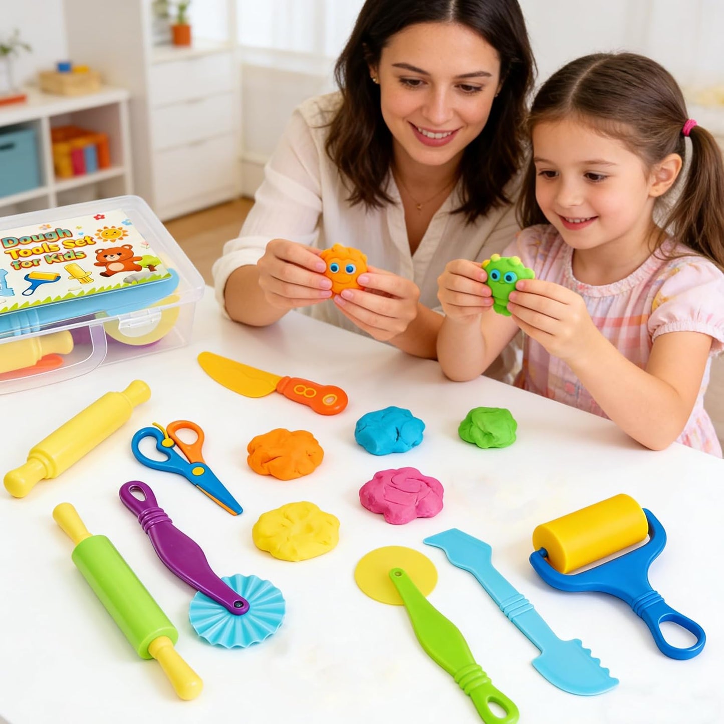 Kleeblatt Dough Tools Set for Kids - 19 Pcs Playdough Kit with 9 Basic Dough Tools, 9 Double-Headed Clay Carving Tools & Cleaning Brush, Safe for Toddlers Ages 2-8, for Clay/Plasticine/Sand