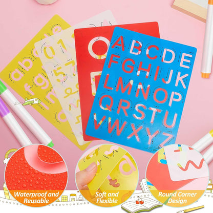Gersoniel 10 Pieces Preschool Letters and Numbers Alphabet Stencils Colorful Double Sided Tracing Board PET Paint Boards with Craft Markers Marker Paint Pens Preschool Learning Toys