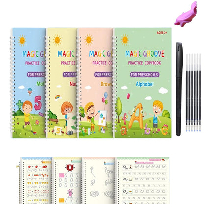 Reusable Magic Groove Writing Practice Book,Grooved Handwriting Workbooks with Pencil Grips,Number Letter Tracing (1, 4)