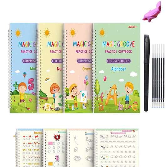 Reusable Magic Groove Writing Practice Book,Grooved Handwriting Workbooks with Pencil Grips,Number Letter Tracing (1, 4)