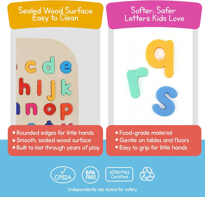 Lowercase Alphabet Puzzle for Kids, Sensory Bin Insert for Sensory Tables, Silicone Letters, Wooden Fine Motor Learning Toy by 7 Days of Play