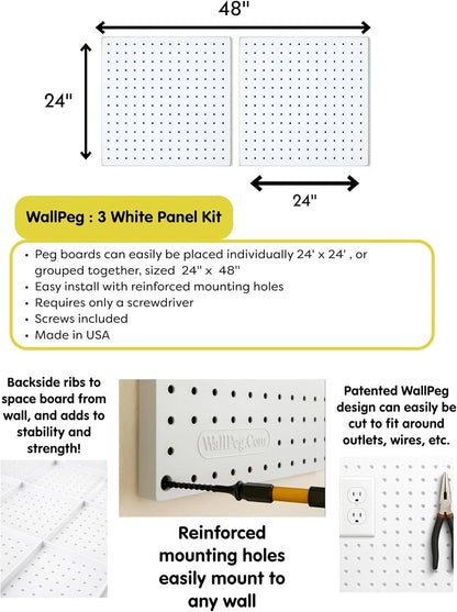 WallPeg PEGBOARD Panels Peg Board Plastic Pegboard Kit 24"x24" (2, White)