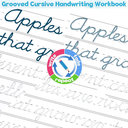 chiazllta Grooved Cursive Handwriting Workbook with Disappearing Ink Pens Magic Reusable Grooved Cursive Writing Practice for Beginners Kids Kickoff Student Workbook Homeschooling Supplies (Letters)