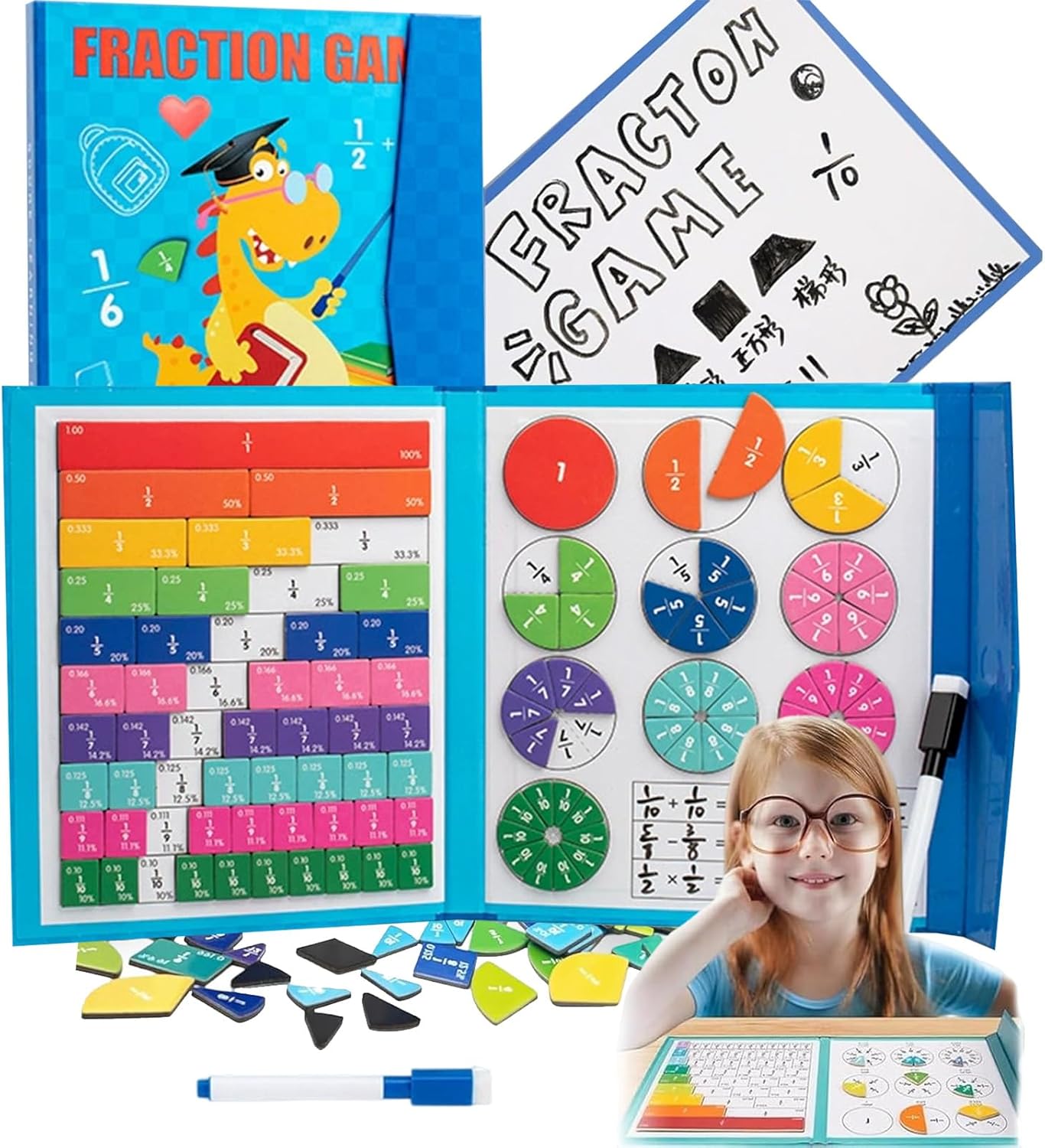2026 New Magnetic Fraction Demonstration Book, 102 Pcs Magnetic Fraction Tiles & Fraction Circles, Magnet Fraction Disc Set for Kids, Math Fractions Manipulatives for Elementary Middle School (Set-A)