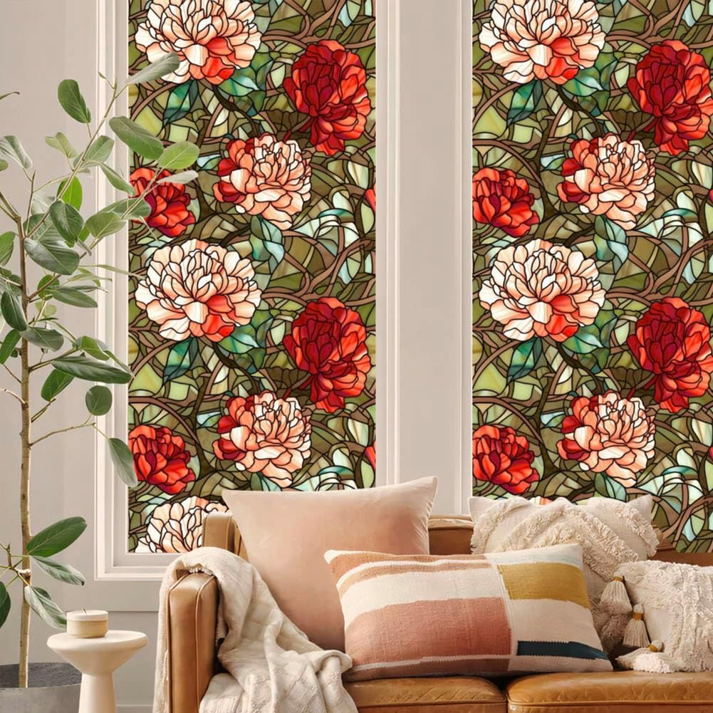 JOONOR Privacy Window Film Stained Glass Window Sticker Non-Adhesive Frosted Glass Film Decorative Magnolia Flower Pattern Static Cling Decals for Home UV Blocking/Heat Insulation 17.7 x 39.4 Inch
