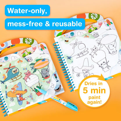 Avenir Reusable Water Coloring Book for Toddlers 3-5 – Mess-Free Paint-with-Water Travel Toy Airplane Activities Road Trip Quiet Book, Water-Reveal Activity Pad, 3-in-1 Creative Set