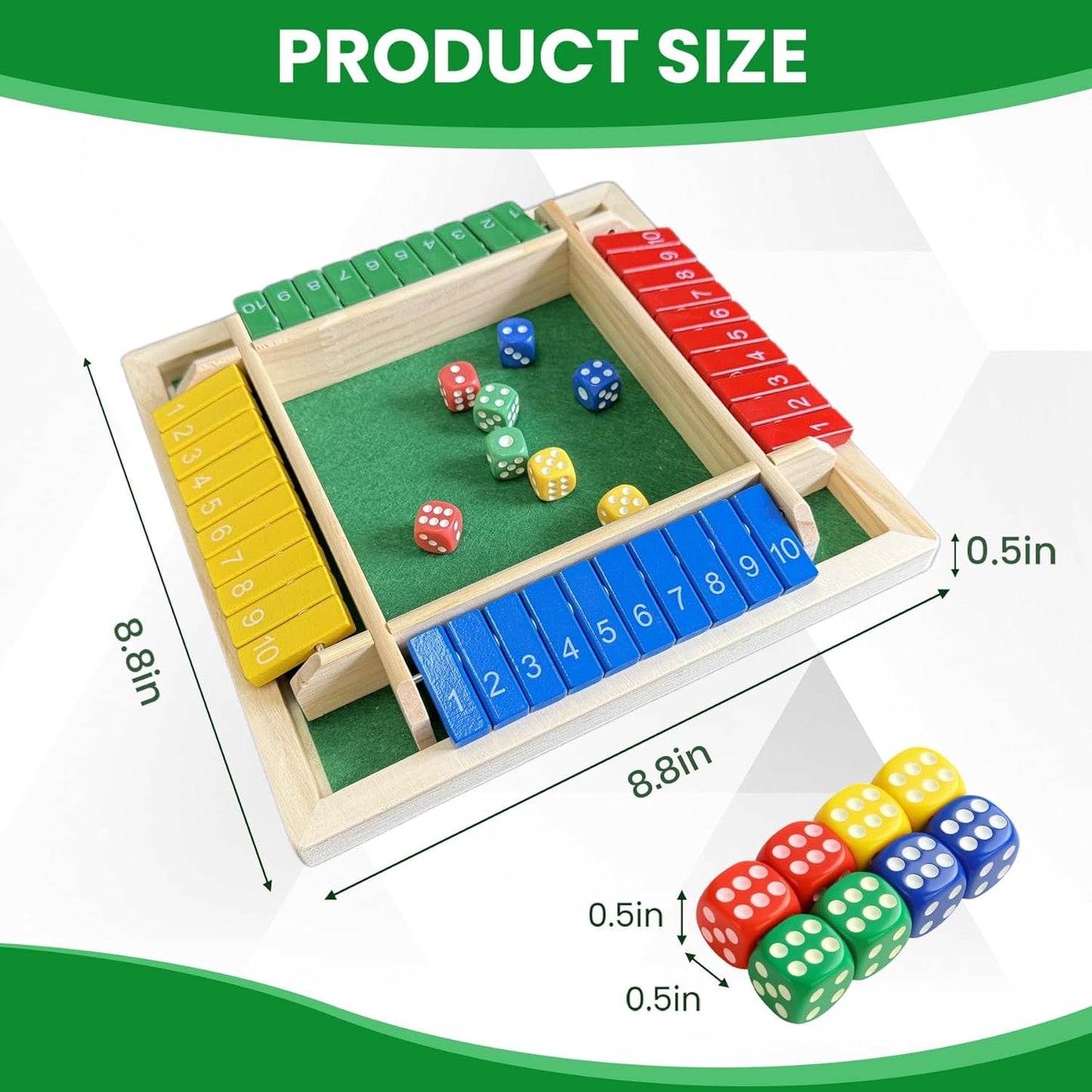 Shut The Box Dice Game for 2-4 Players, Wooden Board Tabletop Math and Strategy Game with 8 Dice and Velvet Storage Bag, Classic Family Board Game for Home, Party or Pub, Brown
