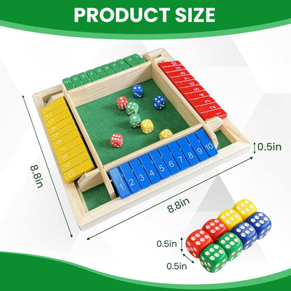 Shut The Box Dice Game for 2-4 Players, Wooden Board Tabletop Math and Strategy Game with 8 Dice and Velvet Storage Bag, Classic Family Board Game for Home, Party or Pub, Brown