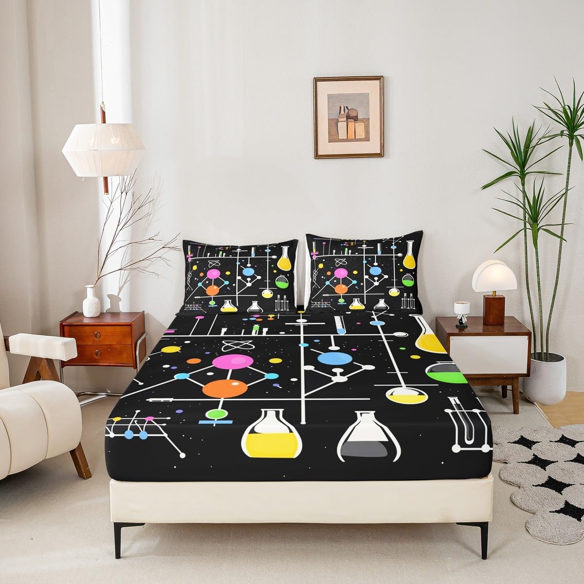 Chemistry Bed Sheets for Kids Teens Girls Boys,Chemical Experiment Fitted Sheet Twin,Science Themed Sheets for Math Lovers,Chemistry Lab Bedding Set,White and Black
