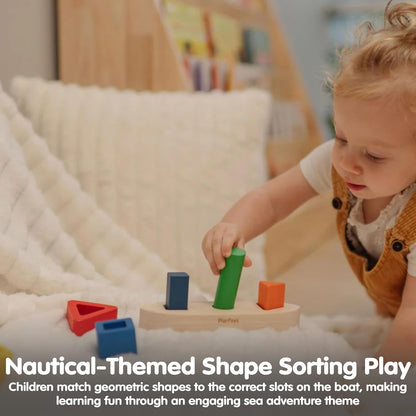 PlanToys® Sorting Boat Toy | Wooden Shape Sorter Toy for Toddlers 3+ | Montessori Educational Boat Puzzle with 6 Blocks | Develops Fine Motor Skills, Shape Matching & Problem-Solving