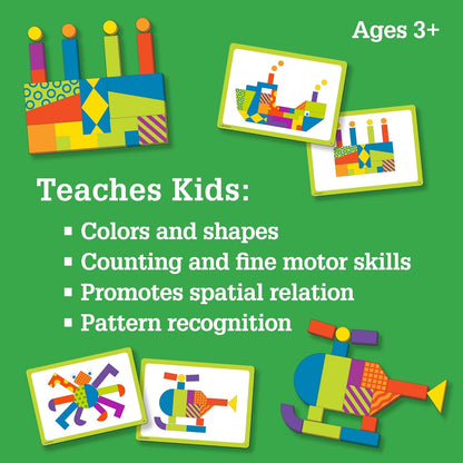 MindWare Imagination Patterns - Creative, Magnetic Play with Patterned Tangram Shapes - Includes 60 Magnetic Blocks, 60 Puzzle Cards, Dry Erase Markers & Wood Case - Deluxe
