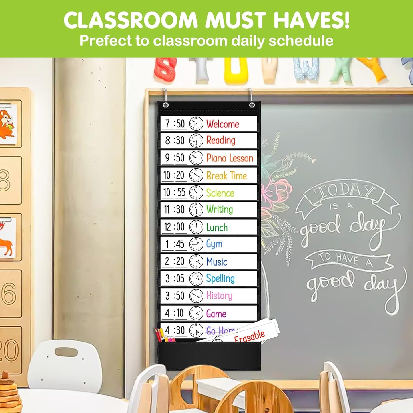 Eamay Daily Schedule Pocket Charts, Teaching Chart, Hoom, Eamay Daily Scheduling Pocket Chart with 13+1 Pockets, 18pcs Dry Erase Cards and 2 Hooks (Black-2)