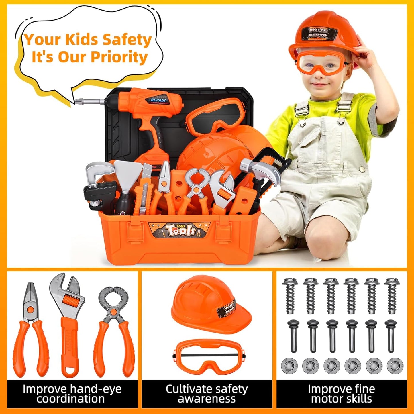 Kids Tool Set 49 PCS, Portable Tool Bag with Battery Powered Toy Drill & Adjustable Belt, Pretend Play Toddler Tool Set, Construction Toys for Boys & Girls Age 3-8, STEM Gifts