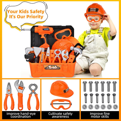 Kids Tool Set 49 PCS, Portable Tool Bag with Battery Powered Toy Drill & Adjustable Belt, Pretend Play Toddler Tool Set, Construction Toys for Boys & Girls Age 3-8, STEM Gifts