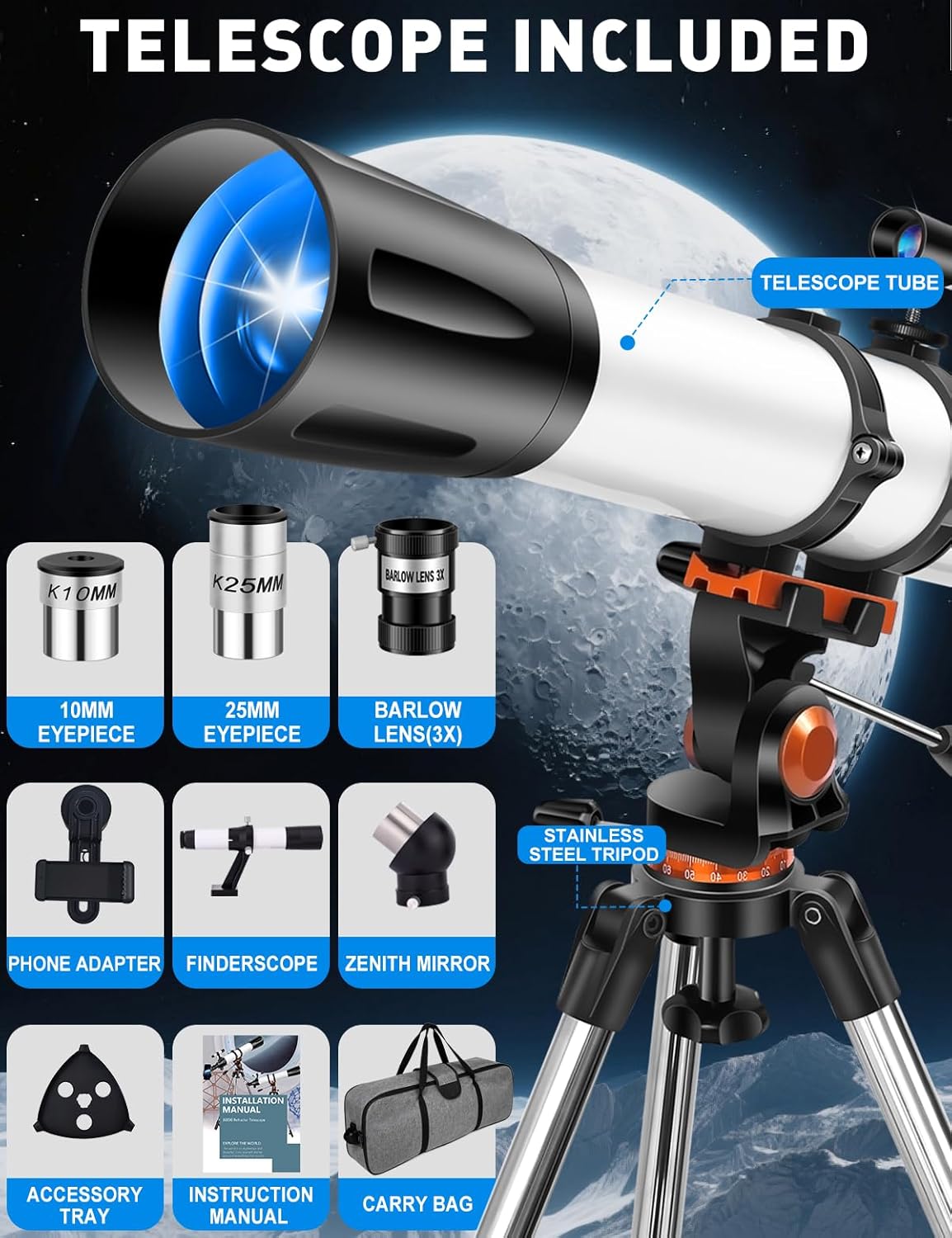 Telescope for Adults High Powered 90mm Aperture 800mm (32X-240X), Refractor Telescopes for Astronomy Beginners with AZ Mount Tripod, Phone Adapter, Carry Bag (80090white)