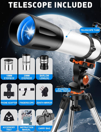 Telescope for Adults High Powered 90mm Aperture 800mm (32X-240X), Refractor Telescopes for Astronomy Beginners with AZ Mount Tripod, Phone Adapter, Carry Bag (80090white)