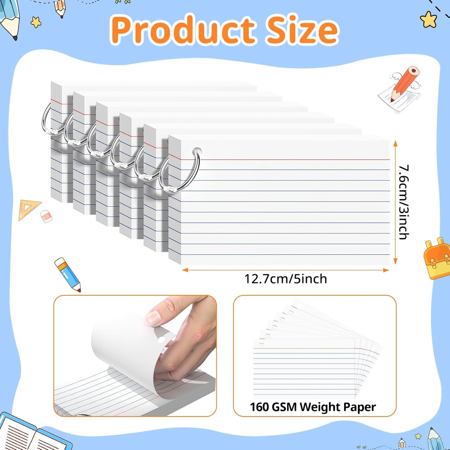 Index Cards 3x5 Inches, 300 PCS, Colored Flash Cards With Ring, Punched Lined Study Card Ruled Flashcards Notecards, Ruled Front And Blank Back, Note Card for School, College And Home