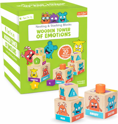 Open The Joy Wooden Tower of Emotions – Stacking Emotional Learning Toy for Toddlers | 5 Emotion Face Blocks + 5 Shape Sorting Blocks | Montessori Toy for Early Development | Ages 12 Months+