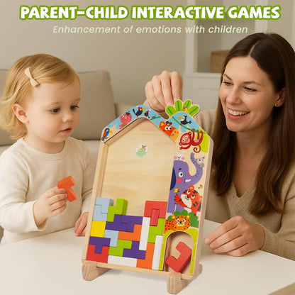 Wooden Puzzle Pattern Blocks Brain Teasers Game, 3D Russian Building Toy Wood Tangram Shape Jigsaw Puzzles Montessori STEM Educational Toys Gift for Kids