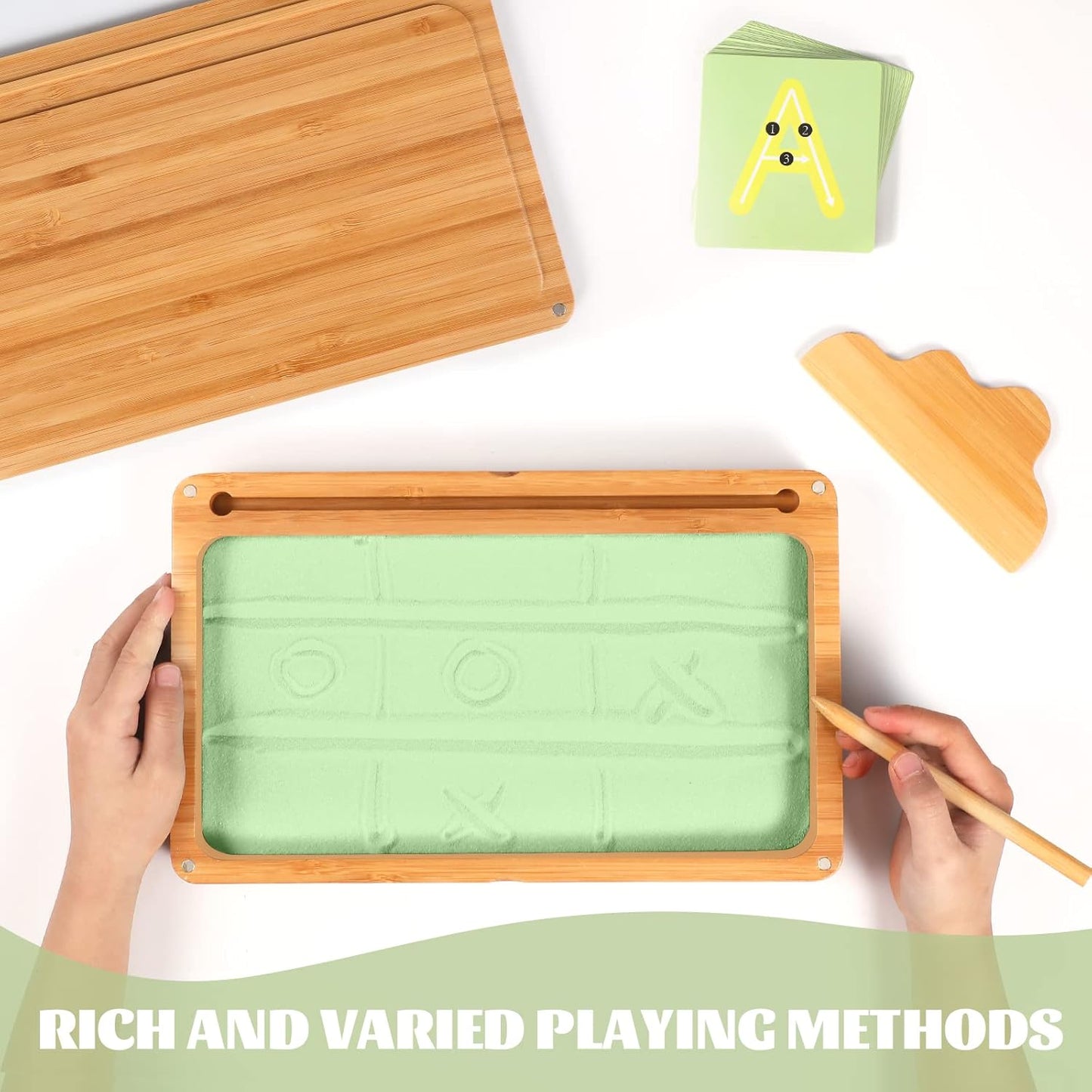 AtMini Montessori Sand Tray with Lid - Wooden Sand Trays for Kids Writing Letters and Numbers, Preschool Classroom Must Haves, Kindergarten Learning Tools (Blue)