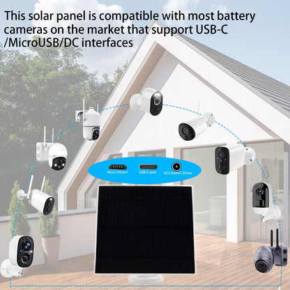 5W Solar Panel Designed specifically for Outdoor Security Cameras IP65 Waterproof Rating Equipped with a 9.8-Foot Cable (Supports USB-C/Micro USB/DC 3.5 x 1.35 mm connectors)