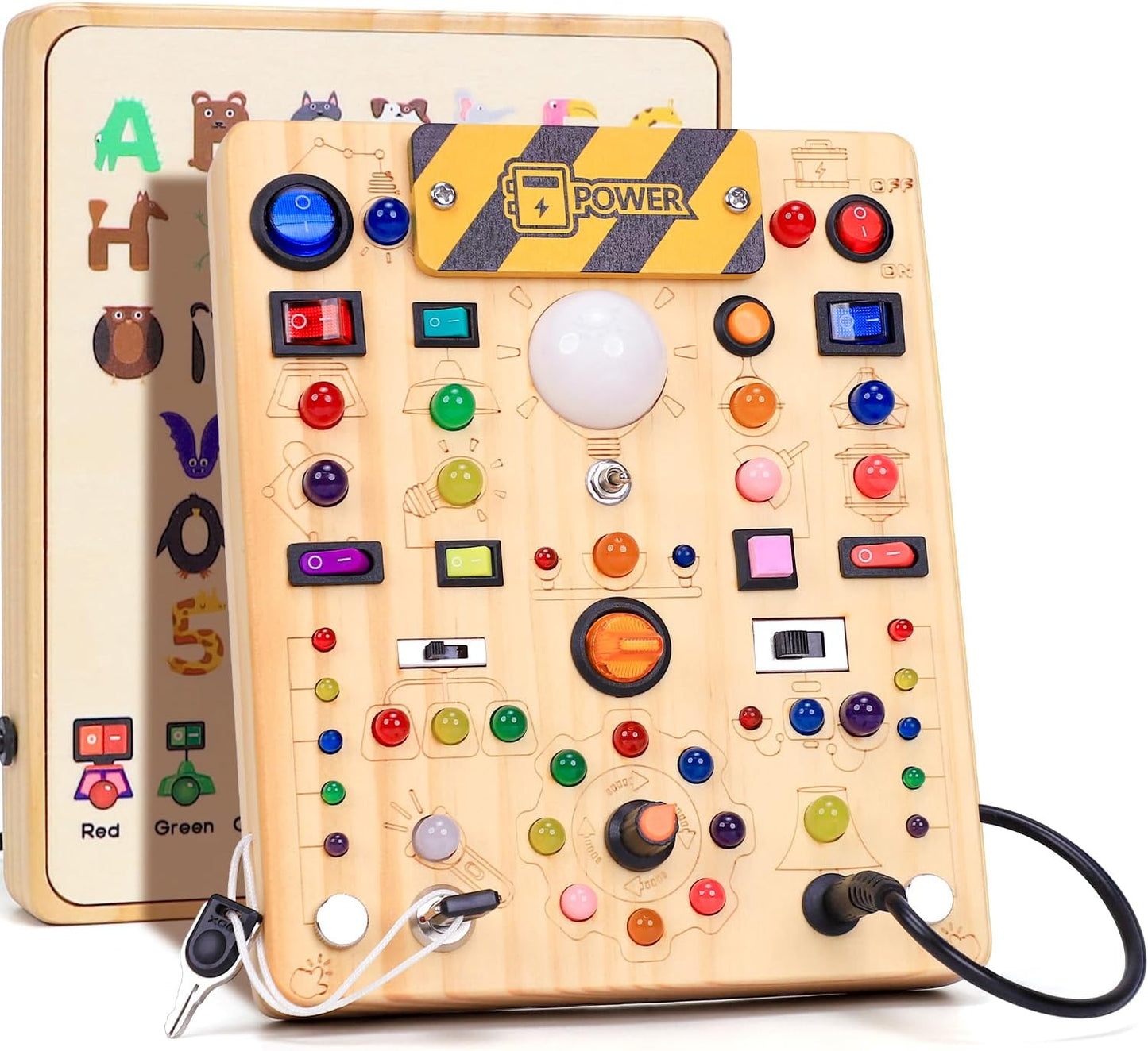 Busy Board with LED Light Switches, Montessori Toys for 1 2 3 Years Old, Toddlers Wooden Toy Sensory Activity Board, Travel Toys for 1+ Year Old Boy & Girl Birthday Gift