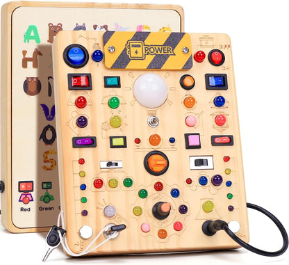 Busy Board with LED Light Switches, Montessori Toys for 1 2 3 Years Old, Toddlers Wooden Toy Sensory Activity Board, Travel Toys for 1+ Year Old Boy & Girl Birthday Gift