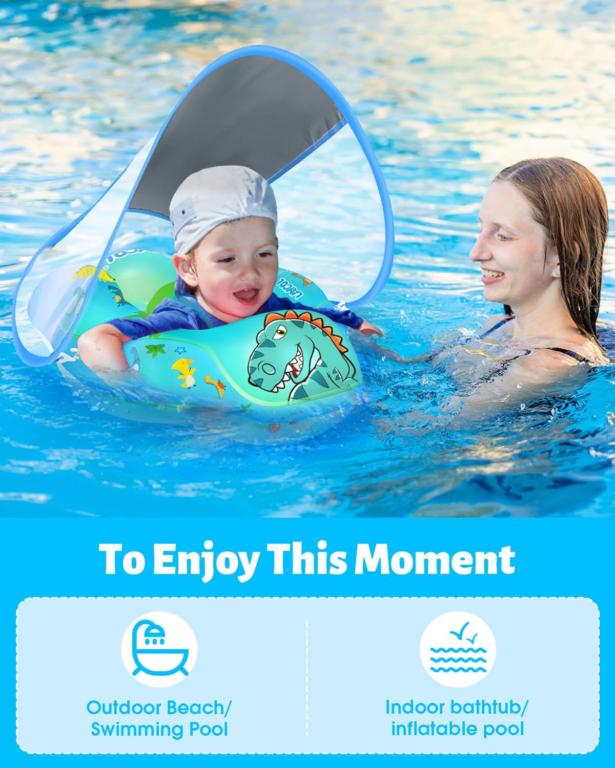 LAYCOL Baby Pool Float with Canopy UPF50+, 5 Point Safety Buckle No Flip Over, Inflatable Toddler Floaties Infant Pool Floats with Double Air Chambers, Baby Beach Essentials/Traval for 3-36M