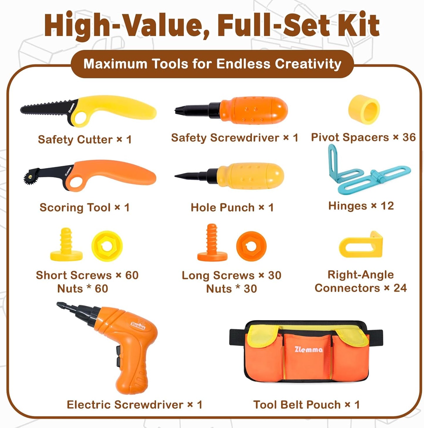 Kids Cardboard Construction Tool Set with Electric Drill & Tool Belt -258PCS, STEM Building Kit for Creative Craft Projects, Educational DIY Engineering Toy for Boys & Girls