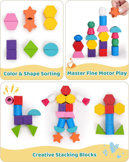 Montessori Toys for 3 Year Old, Stacking Toys for Toddlers, Stacking Blocks, Lacing Beads, Matching Shape Preschool Toys, Montessori Toys for 3 4 5 Year Olds with Canvas Storage Bag