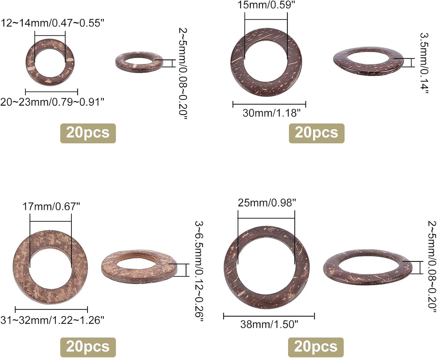 PH PandaHall 80pcs Wooden Linking Rings 4 Styles Coconut Rings Undrilled Mini Circle Pendant Connectors Hollow Wood Circles for Earring Bracelet Necklace Macrame Jewelry DIY Craft Making, 20~38mm
