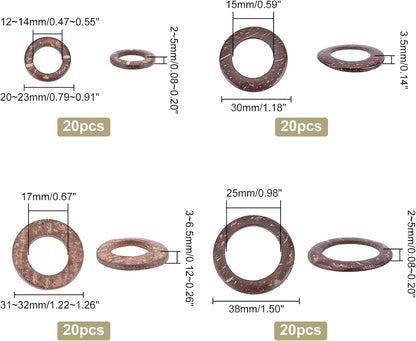 PH PandaHall 80pcs Wooden Linking Rings 4 Styles Coconut Rings Undrilled Mini Circle Pendant Connectors Hollow Wood Circles for Earring Bracelet Necklace Macrame Jewelry DIY Craft Making, 20~38mm