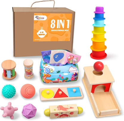 Montessori Toys for Babies 6-12 Months,1 Year Old,8 in 1 Learning Educational Set Wooden Sensory Toys for Baby Toys 12-18 Months (Includes Tissue Box Toy,Rainmaker and More)