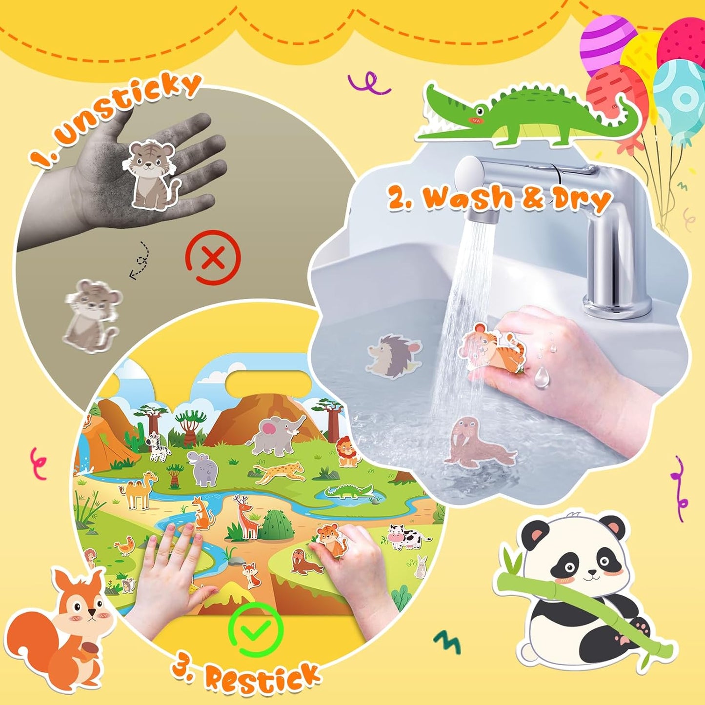 Sticker Books for Toddlers 2-4 Years, Travel Sticker Book with Washable Jelly Stickers, Foldable Carry Handle Quiet Toy, 5 Theme Scenes for Kids 3-5, Dinosaur+Space+Ocean+Fairy Tale+Pizza