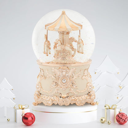 Carousel Music Box Gold & Ivory Christmas Snow Globes, 8.3" Rotate Carousel Snow Globe for Kids & Adults, Classic Wind up Musical Snow Globe Birthday Gifts for Women Girls, Carousel Horse Home Decor