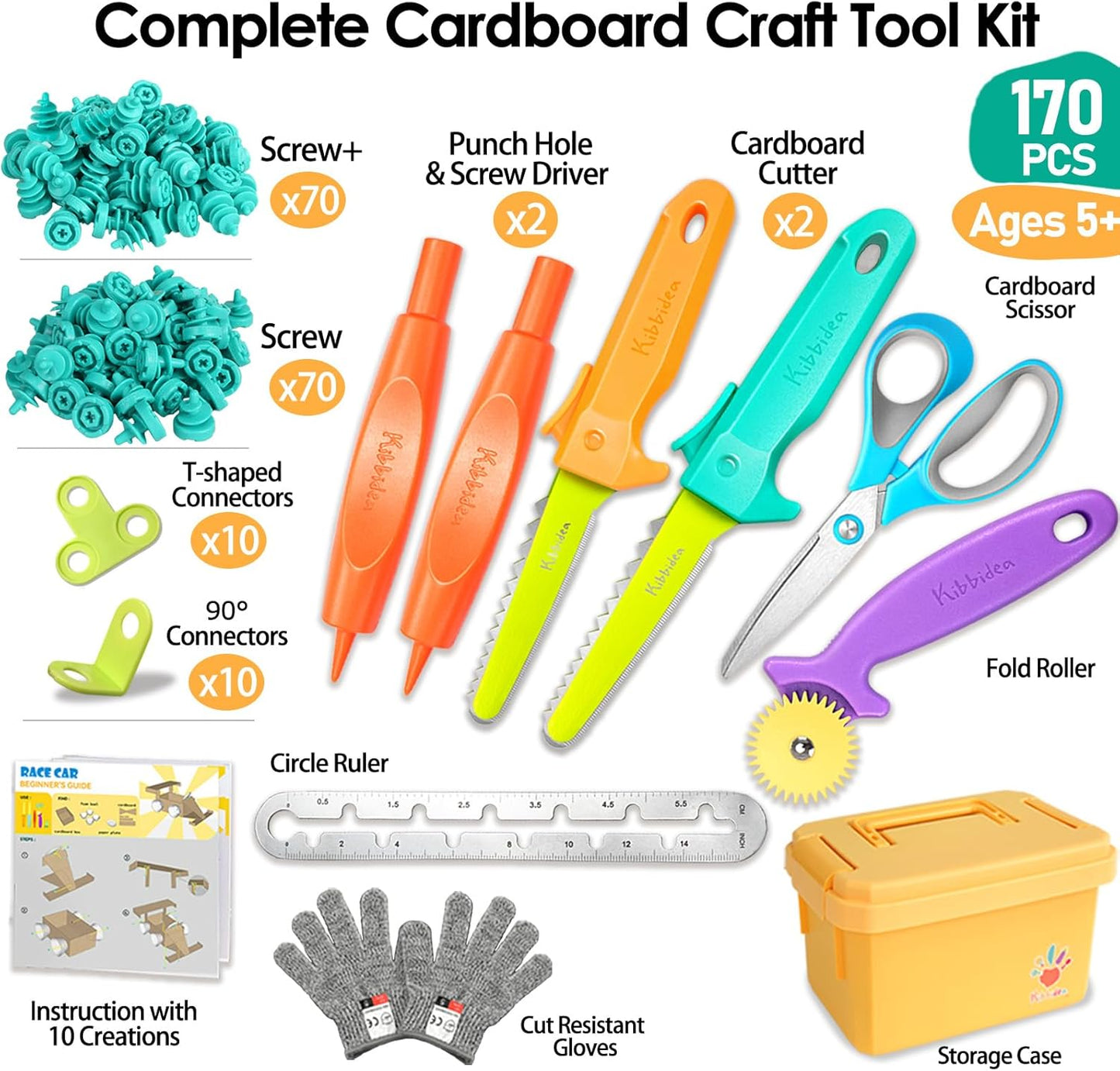 Kibbidea Cardboard Cutter for Kids with Screws &Tool Box, 170PCS Cardboard Construction Tool Kit, STEM Resuable Building Toys for Boys and Girls, Engineering & Creativity（Aged 5+）