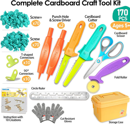 Kibbidea Cardboard Cutter for Kids with Screws &Tool Box, 170PCS Cardboard Construction Tool Kit, STEM Resuable Building Toys for Boys and Girls, Engineering & Creativity（Aged 5+）
