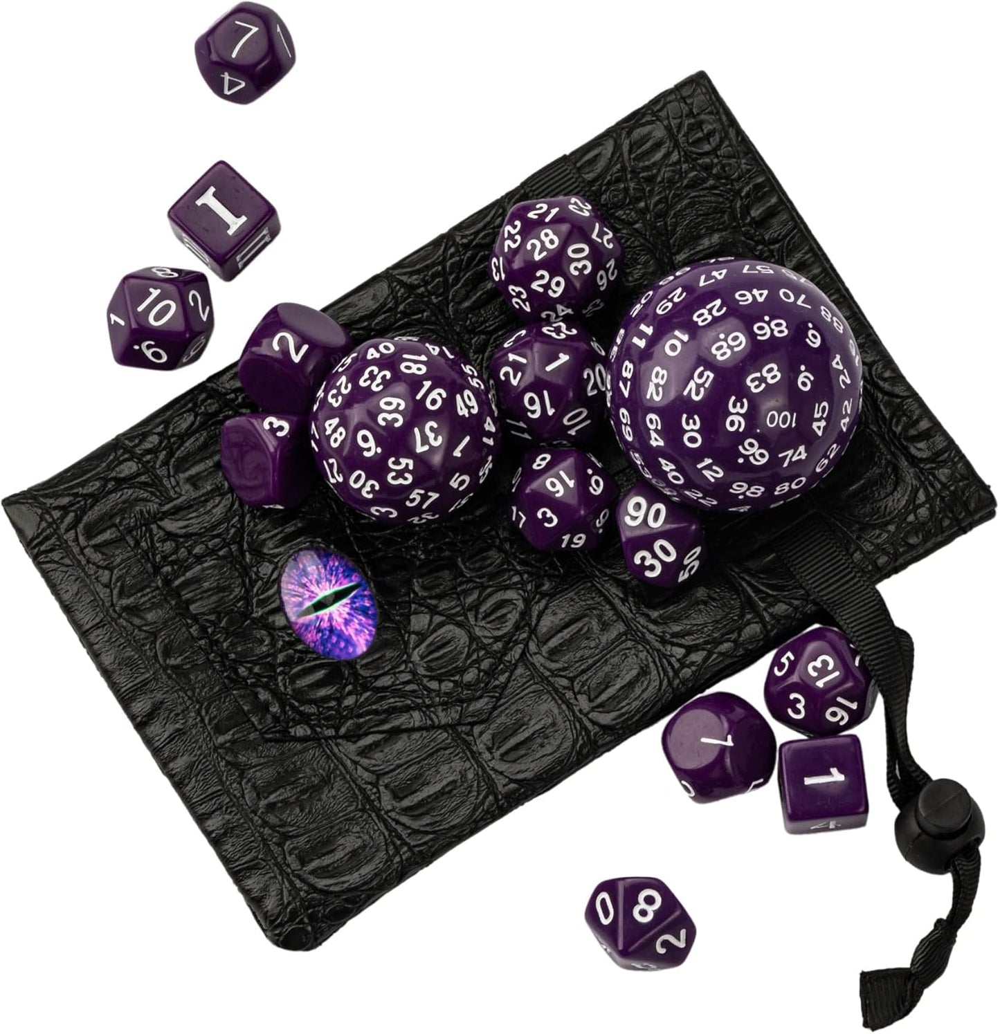 15 Pieces Complete Polyhedral DND Dice Set D3-D100 Spherical D&D Dice Set with Dragon Eye Dice Bag, D100 Dice for RPG Table Games(Black w/Purple Numbers)