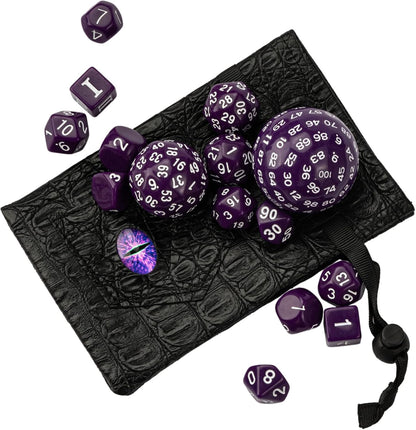 15 Pieces Complete Polyhedral DND Dice Set D3-D100 Spherical D&D Dice Set with Dragon Eye Dice Bag, D100 Dice for RPG Table Games(Black w/Purple Numbers)