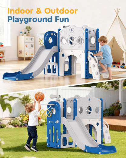 Babytronic Toddler Slide, 8 in 1 Kids Slide with Basketball Hoop, Telescope and Climber, Baby Slide Toddler Playground, Indoor Outdoor Playset for Toddlers Age 1-3, Kids Indoor Playground (White&Gray)