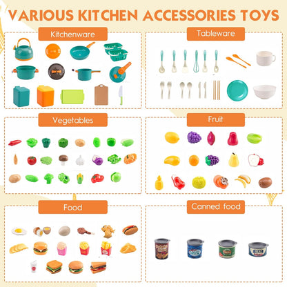 56Pcs Mini Play Kitchen Accessories for Kids, Pretend Cooking Playset with Cookware, Tableware & 2 Fruit Sets, Learning Gift for Girls, Boys, Toddlers, Yellow