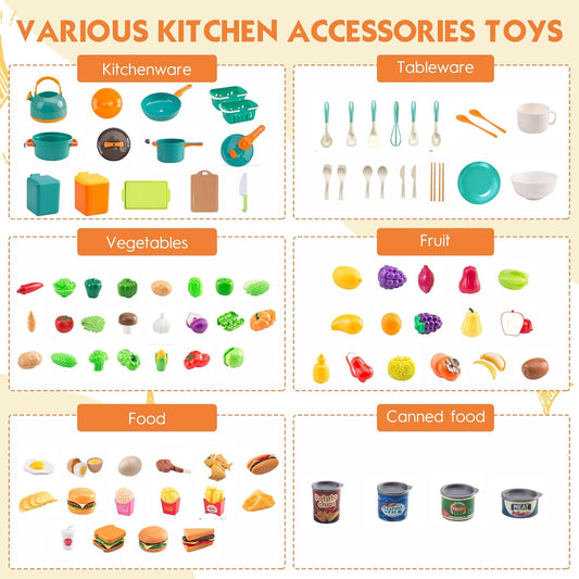 56Pcs Mini Play Kitchen Accessories for Kids, Pretend Cooking Playset with Cookware, Tableware & 2 Fruit Sets, Learning Gift for Girls, Boys, Toddlers, Yellow
